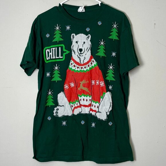 Fruit of the Loom Other - Christmas Shirt Men's Medium Green Polar Bear Chill Graphic Tee Holiday‎ Party